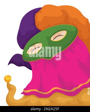 Ritratto isolato di felice e colorato Monocuco mentre gode il Carnevale di Barranquilla. Design in stile cartone animato. Illustrazione Vettoriale