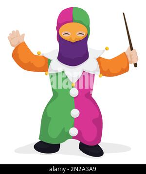 Bambino corto travestito come personaggio Monocuco con abiti colorati, canna e maschera per il Carnevale di Barranquilla. Design in stile cartone animato e isolato. Illustrazione Vettoriale