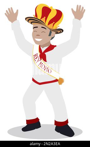 Festive King Momo - o Rey Momo in spagnolo - personaggio del Carnevale di Barranquilla con abiti bianchi, sash, mani rialzate e cappello mescolato con corona. Illustrazione Vettoriale