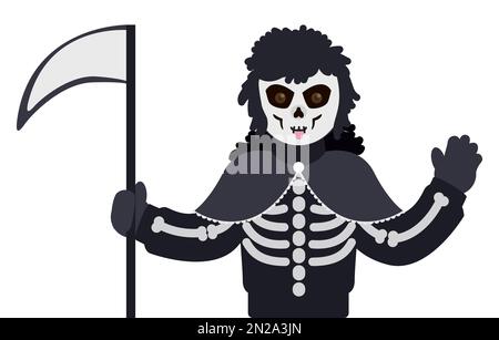 Ritratto del personaggio della morte con costume nero, ossa e falce per celebrare il Carnevale di Barranquilla. Design in stile piatto su sfondo bianco. Illustrazione Vettoriale