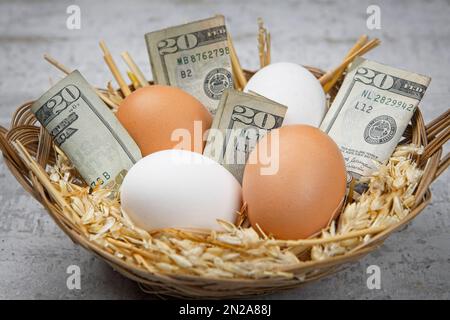 Una foto concettuale che mostra le fatture di venti dollari in un cestino con le uova. Può essere usato sia come mostrare un uovo di nido o uova troppo costose. Foto Stock