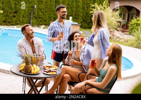 Gruppo di giovani felici che si acclamano con sidro presso la piscina in giardino Foto Stock