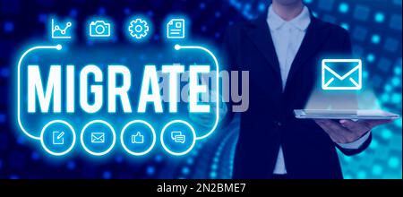 Testo che mostra Inspiration Migrate. Parola per spostare o viaggiare da un paese o località ad un altro Foto Stock