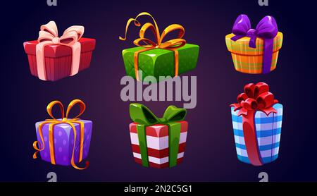 Set di scatole regalo chiuse isolate sullo sfondo. Illustrazione vettoriale di colorati pacchetti a sorpresa punteggiati e a righe decorati con archi a nastro con luce e scintille all'interno, ricompensa di gioco Illustrazione Vettoriale