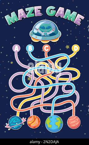 Modello del gioco del labirinto nel tema dello spazio per l'illustrazione dei bambini Illustrazione Vettoriale