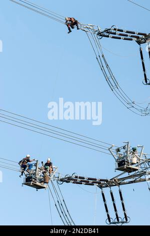 Montatori ad alta tensione al lavoro, linee aeree, piloni, Baden-Wuerttemberg, Germania Foto Stock