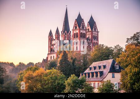 Cattedrale di Limburgo, St. Georg o St. George's Dome sul fiume Lahn, luce del mattino, riflessione dell'acqua, Limburg an der Lahn, Assia, Germania Foto Stock