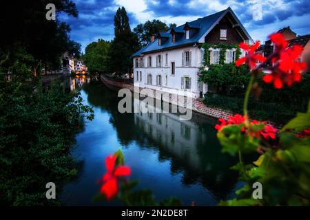 Protection des mineurs al ponte Ponts Couverts de Strasbourg, casa circondata da acqua, Strasburgo, Petite France, Alsazia, Francia Foto Stock
