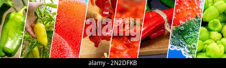 Collage di prodotti vegetali di orto di peperoni. Concetto di alimentazione sana. Sfondo di giardinaggio. Foto Stock