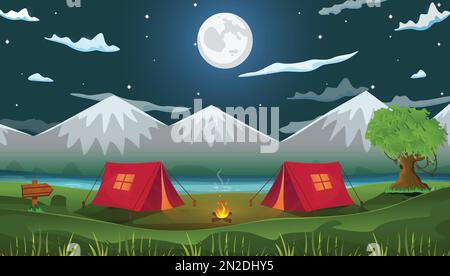 Notte cartoni animati naturali sfondo campeggio scena con due tende, fuoco, lago, montagne con alberi e cielo notturno cartoni animati vettore illustrazione. Illustrazione Vettoriale