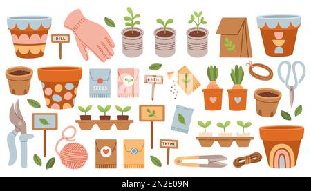 Set di attrezzi per giardino domestico. Vettore isolato carino primavera elementi giardino pentole argilla, fiori di cipolla, semi, attrezzi giardinieri. Illustrazione Vettoriale