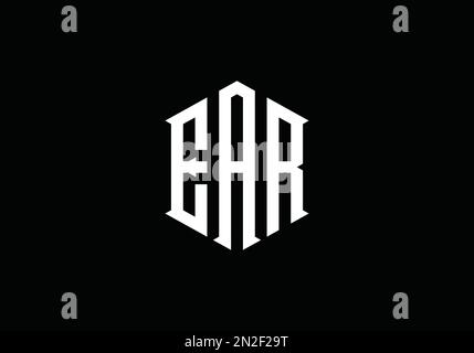 Modello con logo vettoriale monogramma con illustrazione dell'orecchio alfabeto in colore bianco e sfondo nero Illustrazione Vettoriale