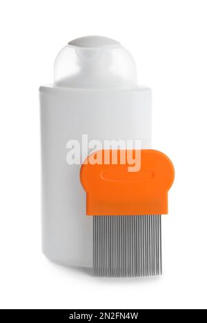 Shampoo e pettine in metallo per il trattamento antighiaccio su fondo bianco Foto Stock