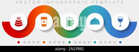 Modello vettoriale infografico per cibi e bevande con set di icone, icone varie come torta di compleanno, caffè, birra e bevande per il webdesign e mobile A. Illustrazione Vettoriale