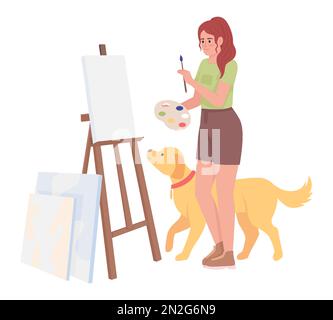 Ragazza ispirata con Golden Retriever pittura su cavalletto semi piatto colore vettore carattere Illustrazione Vettoriale