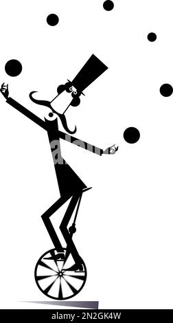 Divertente uomo lungo baffi nel cappello bilancia sul monociclo e giocolisce le palle nero su bianco Illustrazione Vettoriale