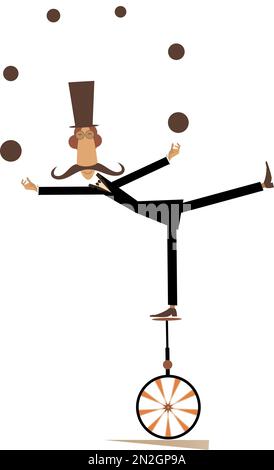 Divertenti baffi lungo l uomo nella top hat saldi sul monociclo e gioca le sfere isolato su bianco illustrazione Illustrazione Vettoriale