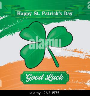banner giorno patricks con bandiera giorno patricks sullo sfondo e foglia di shamrock Illustrazione Vettoriale
