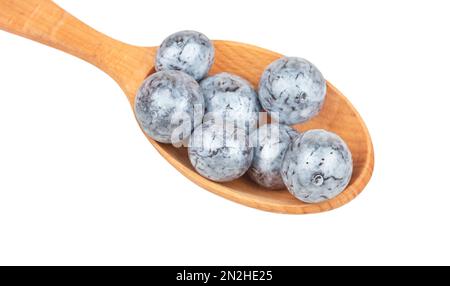 Caramelle di cioccolato rotonde in un cucchiaio primo piano su sfondo bianco Foto Stock