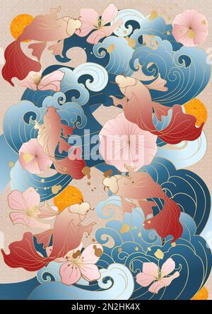 Stile asiatico cinese marea nazionale stile antico tradizionale classico auscicious ciliegia fiore onda di pesce oro ombreggiatura poster biglietto di auguri indietro Foto Stock