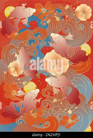 Stile asiatico cinese marea nazionale stile antico tradizionale classico auscicious ciliegia fiore onda di pesce oro ombreggiatura poster biglietto di auguri indietro Foto Stock