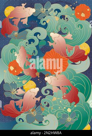 Stile asiatico cinese marea nazionale stile antico tradizionale classico auscicious ciliegia fiore onda di pesce oro ombreggiatura poster biglietto di auguri indietro Foto Stock