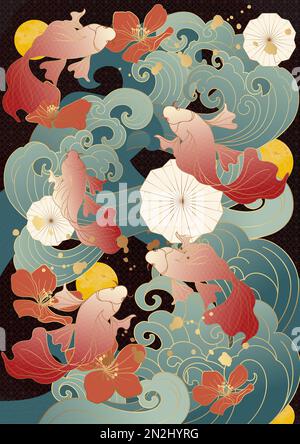 Stile asiatico cinese marea nazionale stile antico tradizionale classico auscicious ciliegia fiore onda di pesce oro ombreggiatura poster biglietto di auguri indietro Foto Stock