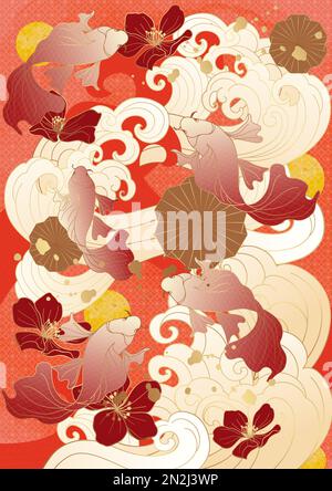 Stile asiatico cinese marea nazionale stile antico tradizionale classico auscicious ciliegia fiore onda di pesce oro ombreggiatura poster biglietto di auguri indietro Foto Stock