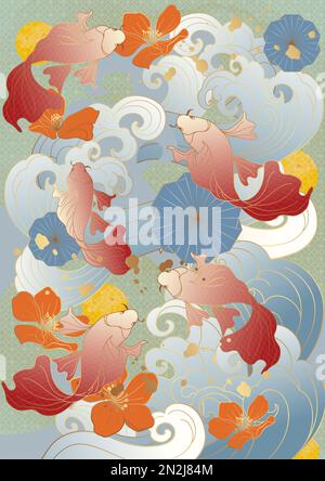 Stile asiatico cinese marea nazionale stile antico tradizionale classico auscicious ciliegia fiore onda di pesce oro ombreggiatura poster biglietto di auguri indietro Foto Stock