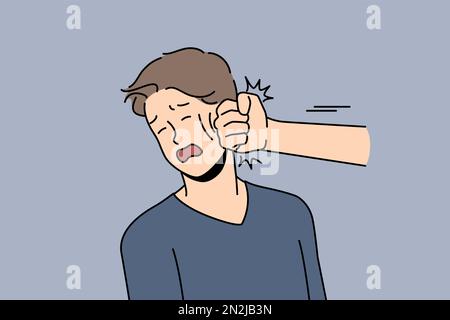 Punzonatura a mano un giovane infelice in faccia. Stressato disperato ragazzo ottenere pugno in lotta o argomento. Forza fisica e violenza. Illustrazione vettoriale. Illustrazione Vettoriale