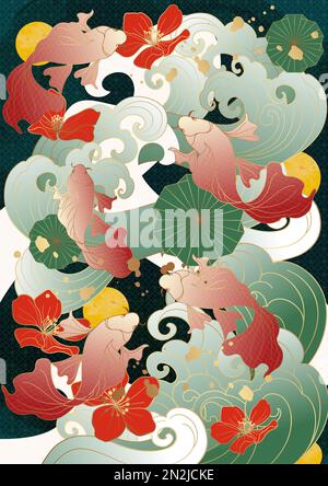 Stile asiatico cinese marea nazionale stile antico tradizionale classico auscicious ciliegia fiore onda di pesce oro ombreggiatura poster biglietto di auguri indietro Foto Stock