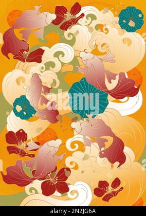 Stile asiatico cinese marea nazionale stile antico tradizionale classico auscicious ciliegia fiore onda di pesce oro ombreggiatura poster biglietto di auguri indietro Foto Stock