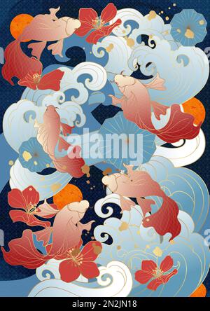 Stile asiatico cinese marea nazionale stile antico tradizionale classico auscicious ciliegia fiore onda di pesce oro ombreggiatura poster biglietto di auguri indietro Foto Stock