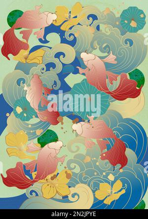 Stile asiatico cinese marea nazionale stile antico tradizionale classico auscicious ciliegia fiore onda di pesce oro ombreggiatura poster biglietto di auguri indietro Foto Stock