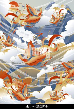 Marea nazionale di stile asiatico tradizionale classica auscicious montagna phoenix ombreggiatura poster biglietto di auguri parete di fondo Foto Stock