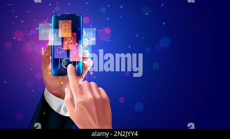 Concetto IOT. Uomo che tiene il telefono in mano, telecomando smart home tramite Internet. Icone dei dispositivi domestici sullo schermo dello smartphone in mano. Sistema IOT o Illustrazione Vettoriale