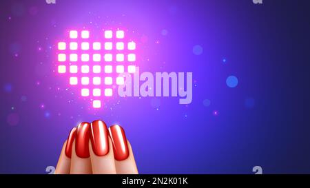 Banner di San Valentino in stile digitale computer tecnologia. Pixel cuore appeso sulla mano della donna con manicure. Pixel olografico arte forme di amore hea Illustrazione Vettoriale