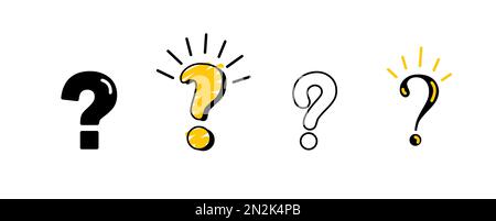 Punto interrogativo lineare su sfondo bianco. Imposta icona in stile Doodle. Illustrazione Vettoriale