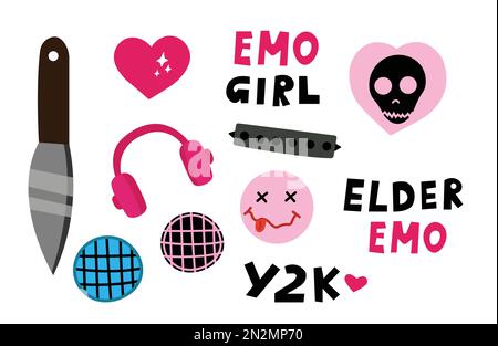 Set adesivi ragazza emo Y2K colore rosa. Emo più anziano, goth, cuffie, cuore, cranio. Illustrazione Vettoriale