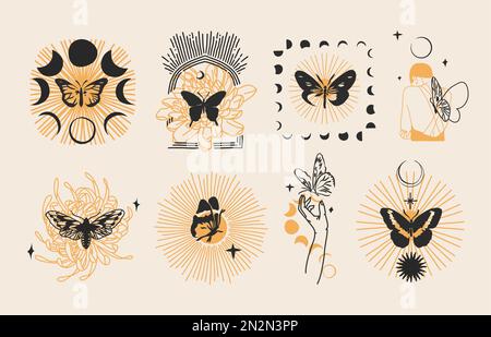 Disegno a mano vettoriale astratto illustrazioni grafiche concetto di design celeste con logo linea magica silhouette set di mistica farfalla volante, moth, sole e. Illustrazione Vettoriale