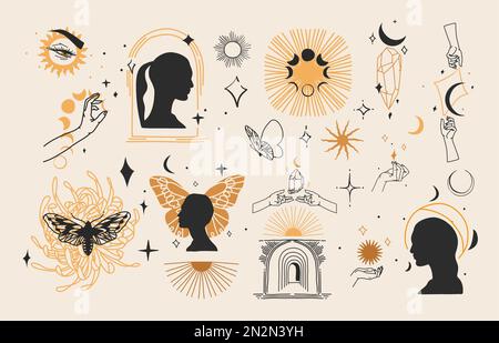 Illustrazione grafica astratta vettoriale disegnata a mano con set collezione di elementi logo, mezzaluna magica, farfalla, fiori, luna e mani umane bianche Illustrazione Vettoriale