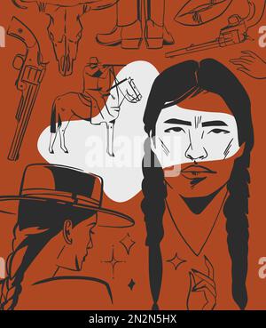 Disegno a mano astratto vettore grafico clipart illustrazione boho cowgirls in cappelli Ritracts.Western femmina design concept.Bohemian selvaggio ovest contemporaneo Illustrazione Vettoriale