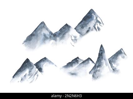 Blue Mountains in nebbia disegnata a mano con acquerello in stile minimalista. Pittura tradizionale orientale di inchiostro sumi-e, u-sin, go-hua. l'eternità, lo spirito, la pace Foto Stock