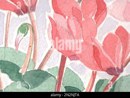 Primo piano immagine acquerello di fiori di ciclamino rosa. Foto Stock