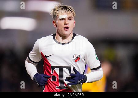 VEGHEL, PAESI BASSI - 12 GENNAIO: Taylor Booth del FC Utrecht con infortunio sopra gli occhi durante la partita olandese Toto KNVB Cup Round 2 tra Blauw Geel '38 e FC Utrecht al Prins Willem Alexander Sportpark il 12 gennaio 2023 a Veghel, Paesi Bassi (Foto di Joris Verwijst/Orange Pictures) Foto Stock