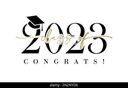 Classe di 2023 con tappo graduato. Congrats calligraphy calligrafia di graduazione, lo avete fatto. Modello per il design di partito laureato scuola superiore o università Illustrazione Vettoriale