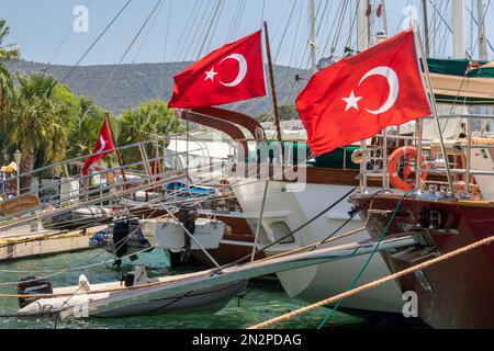 Bandiere turche su barche ormeggiate Foto Stock