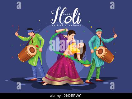 Bel poster per il festival indiano Happy Holi con coppia di sfondo danza. disegno di illustrazione vettoriale Illustrazione Vettoriale