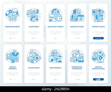 Set di schermate dell'app mobile di onboarding blu per l'energia geotermica Illustrazione Vettoriale