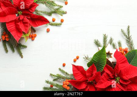 Composizione piatta con poinsettie (fiori di Natale tradizionali) e rami di abete su tavola di legno bianco. Spazio per il testo Foto Stock